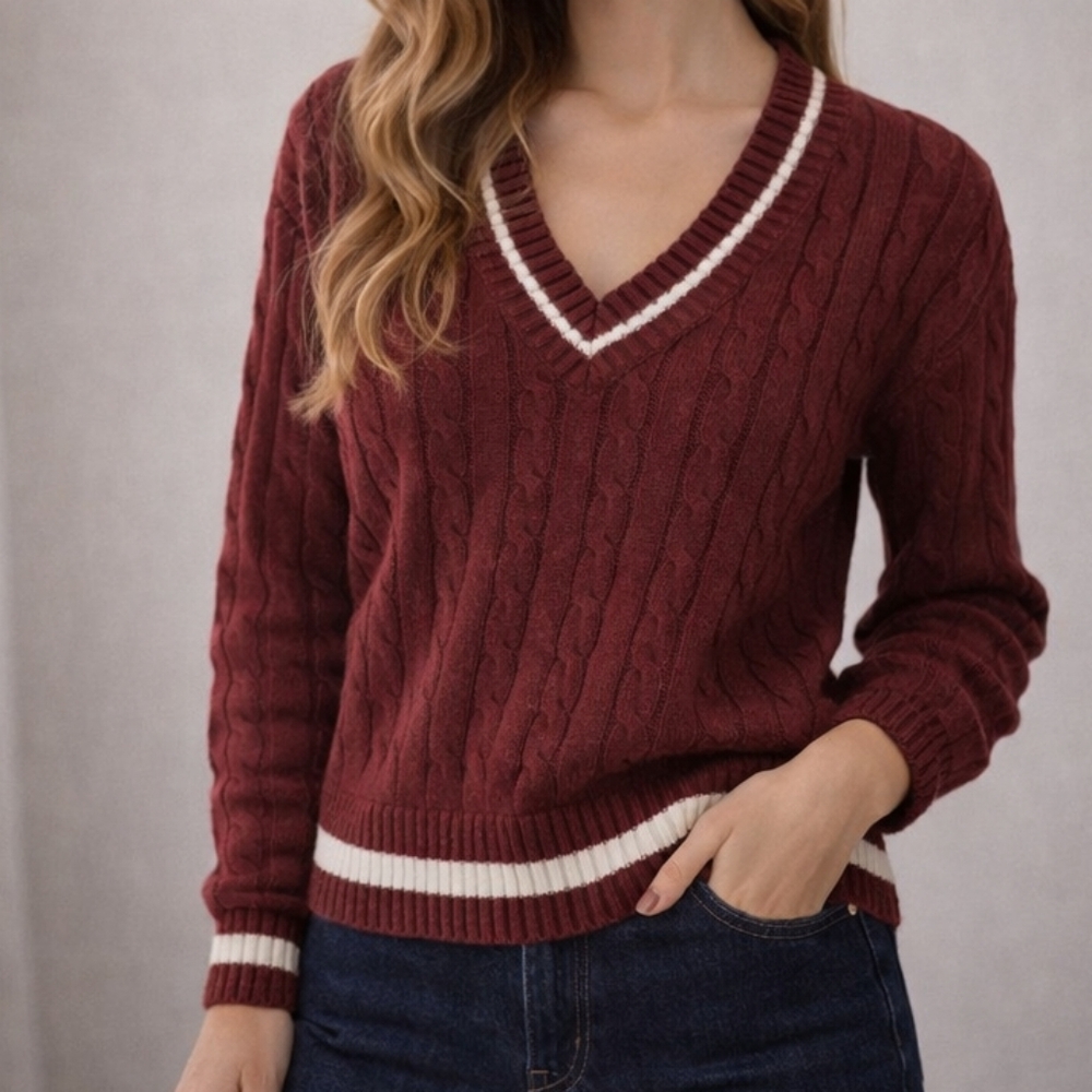 V-Neck Cable Knit Sweater - Burgundy